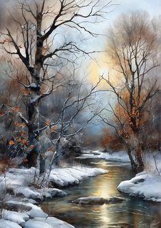 a painting of a river in winter with snow on the ground and trees around it