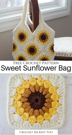 the crochet sunflower bag is shown in three different colors