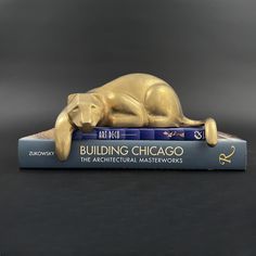 a golden dog statue laying on top of a stack of books with the title building chicago written below it