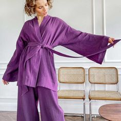 Kimono Pants Set Highlights Pyjama set: kimono + pants Long Sleeves Matching belt Composition Cotton 70s Pajamas, Pajamas Purple, Homewear Dress, Nude Slip Dress, Sleepwear Women Pajamas, Nightgown Robe, Nightgown Sets, Girls Long Dresses, Cotton Sleepwear