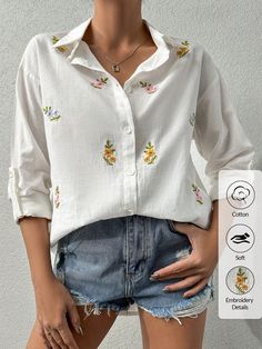 Women'S Floral Embroidered Roll-Up Sleeve Shirt White Casual  Long Sleeve Polyester Floral Shirt Non-Stretch  Women Clothing, size features are:Bust: ,Length: ,Sleeve Length: Fairy Fashion, Roll Up Sleeves, Girls Hair Accessories, White Casual, Floral Shirt, Roll Up, Shirt White, Cardigans For Women, All Fashion