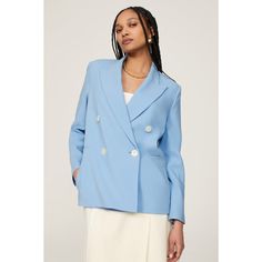 Blue crepe (62% Polyamide 32% Viscose 6% Elastane). Blazer. Long sleeves. Collar. Front button closure. 29" from shoulder to hemline. Made of imported materials, finished in the USA. Chic Blue Blazer With Hidden Button Closure, Chic Blue Career Blazer, Spring Structured Blazer With Button Cuffs, Elegant Blue Button-up Blazer, Blue Blazer With Button Cuffs For Office, Chic Blue Blazer With Button Cuffs, Spring Blue Double-breasted Blazer, Black Halo, Rent The Runway