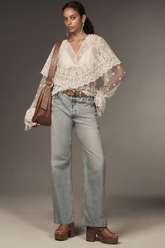 Polyamide Button front Hand wash Imported | Long-Sleeve Lace-Bib Blouse by Forever That Girl in White, Women's, Size: Medium, Polyamide at Anthropologie Lace Top Outfit White, Lace Blouse Outfit, White Blouse Long Sleeve, White Blouse Outfit, Fall Blouses, Boho Lace Top, Lacey Blouse, White Boho Blouse, Bohemian Blouse