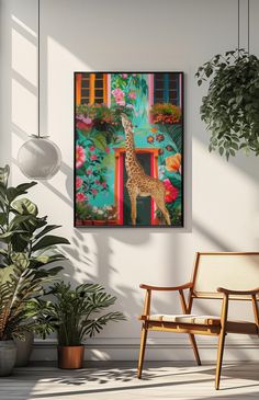 a giraffe standing in front of a window next to a chair and potted plant