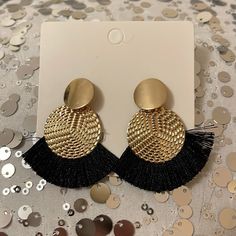 Fantasy Earrings, Black And Gold. Good Condition, Never Worn. Chic Black Round Earrings, Black Tassel Drop Earrings, Chic Black Hoop Earrings For Party, Black Tassel Earrings For Party, Black Tassel Drop Earrings For Evening, Black Dangle Tassel Earrings For Party, Black Dangle Hoop Earrings For Party, Ladies Bar, Fantasy Earrings