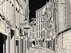 a drawing of an alleyway with buildings and cobblestone pavement in the foreground