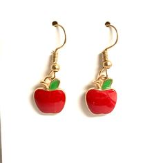 Pretty Little Red Apple Earrings Enameled On Golden Background. Perfect Small Gift For Your Favorite Teacher. Cute Red Enamel Earrings, Trendy Red Enamel Earrings, Red Enamel Trendy Earrings, Apple Jewelry, Future Bedroom, Apple Jack, Apple Earrings, Golden Background, Favorite Teacher