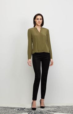 Revamp your look with this sophisticated stretch silk crêpe de chine pullover blouse in radiant dark olive green, featuring pleats and strategic styling seams for a fantastic silhouette. Season Of Chic, Luxury Shirts, Silk Blouses, Business Tops, Dark Olive Green, Silk Crepe, Fall Collections, Spring Collection, Silk Blouse