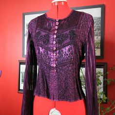 Beautiful Hippie Top. Purple. Embroidery All Over. Free Size. Please See Measurements. Never Worn. Perfect Condition. Sheer Striped Flowy Sleeves. Button Front. Tie Back To Adjust Fit. Fitted Blouse With Intricate Embroidery For Fall, Fitted Purple Embroidered Tops, Fitted Embroidered Purple Tops, Fitted Long Sleeve Tops With Tonal Embroidery, Funky Fits, Moody Style, Purple Embroidery, Hippie Top, Hippie Tops