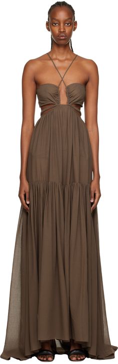 Semi-sheer cotton chiffon cover up dress. · Plunging neck · Gathering at waist · Adjustable shoulder straps · Elasticized hook-eye strap at back · Unlined Available exclusively at SSENSE. Supplier color: Desert Palm Semi Fitted Dress Style, 2024 Boho Fashion, Sheer Chiffon Dress, Desert Dress, Desert Palm, Chiffon Cover Up, Plunging Neck, Looks Street Style, Cover Ups