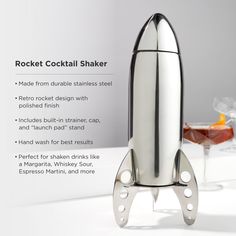 the rocket cocktail shaker is made from stainless steel