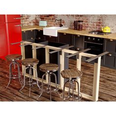 three stools sit at the center of a kitchen island