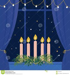 three candles on a table in front of a window with christmas lights and greenery