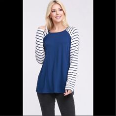 Get Ready For Spring Baseball! This Super Soft Raglan Tee In Blue Stripe Is Perfect! This Runs True To Size! Brand New With Tags! I Am Wearing The Xl And Love Love This Comfy Shirt! We Are A Smoke Free/Pet Free Home! I Always Ship As Soon As Possible. Take A Look At My Closet To Bundle And Save! Most Reasonable Offers Accepted! Blue Striped Sleeve Tops For Fall, Blue Tops With Striped Sleeves For Fall, Blue Cotton Top With Striped Sleeves, Blue Vertical Striped T-shirt For Summer, Blue Summer T-shirt With Horizontal Stripes, Blue Cotton T-shirt With Three Stripes, Cheap Blue T-shirt With Contrast Stripes, Blue Cotton T-shirt With Contrast Stripes, Blue Striped Top