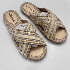 Very Pretty! Never Worn Out. Beige Slip-on Espadrilles For Vacation, Trendy Beige Espadrilles With Woven Sole, Gold Espadrilles With Woven Sole For Spring, Cream Espadrilles With Flat Heel For The Beach, Gold Espadrilles With Woven Sole, Cream Flat Heel Espadrilles For Beach, Beige Summer Espadrilles With Woven Sole, Summer Beige Espadrilles With Woven Sole, Beige Slip-on Straw Espadrilles