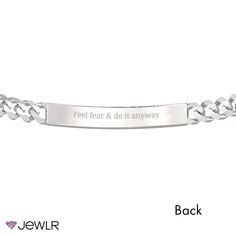 This classic engravable ID bracelet is the perfect gift for yourself or your loved one. Engrave the front with a name or a special date and add a meaningful message to the back. Handcrafted in sterling silver, this 8" men's bracelet features a figaro-link chain secured with a lobster clasp for just the right fit. Classic Personalized Rectangular Bracelets, Classic Personalized Rectangular Bracelet, Classic Personalized Stainless Steel Bracelet, Classic White Gold Name Bracelet With Engraving Option, Silver Stainless Steel Name Bracelet With Engraved Text, Classic Stainless Steel Name Bracelet For Personalized Gift, Formal Engraved Stainless Steel Bracelets, Formal Engraved Stainless Steel Bracelet, Classic Engraved Stainless Steel Bracelet