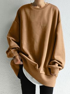 Casual Loose Solid Color Round-Neck Sweatshirt Top BROWN-2XL Pull Oversize, Loose Hoodie, Round Neck Sweatshirts, Versatile Outfits, Beautiful Sweater, Oversized Pullover, Loose Outfit, Japan Fashion, Sweater Design