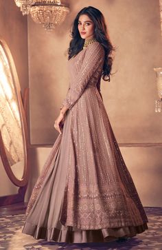 Copper Rose Designer Embroidered Wedding Lehenga Style Anarkali Suit-Saira's Boutique Partywear Lehenga, Long Anarkali Gown, Shamita Shetty, Sequence Embroidery, Gown Party Wear, Lehenga Suit, Heavy Dresses, Abaya Style, Indian Party Wear