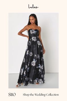 Prepare to be treated like a princess all night long when you arrive in the Lulus Regal Status Black Floral Print Strapless Maxi Dress! This elegant dress has a sleek woven fabrication, with a pretty floral print throughout, that falls effortlessly from a sweetheart neckline and a strapless, princess-seamed bodice (with hidden no-slip strips and supportive side boning). High, fitted waist features pleated details before falling to a flowy A-line skirt that ends at a maxi hem. Hidden back zipper/ Strapless Floral Print Prom Evening Dress, Strapless Floral Print Dresses For Prom Season, Evening Strapless Dress With Sweetheart Neckline And Floral Print, Elegant Strapless Floral Print Dress For Prom, Strapless Floral Print Evening Maxi Dress, Elegant Strapless Dress With Floral Print And Fitted Bodice, Prom Maxi Dress With Floral Print And A-line Shape, Floral Print A-line Maxi Dress For Prom, Evening Dresses With Sweetheart Neckline And Floral Print