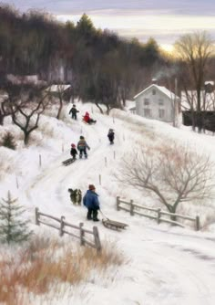 a painting of people walking in the snow