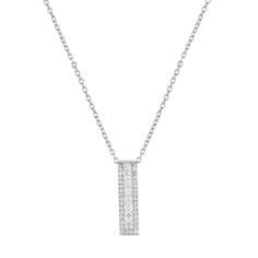 A rectangle pendant emphasized with square- and round-cut cubic zirconia stones gives this necklace a dazzling look.PENDANT DETAILS Pendant length: 0.8 in. Chain length: 18 in. Chain type: rolo Clasp: spring-ring Metal: sterling silver Plating: rhodium Finish: polished Packaging: boxed CUBIC ZIRCONIA DETAILS Total weight: 1 1/4 ct. Shape: square, round Setting: channel, prong Gemstones may have been treated to enhance their appearance. Special care may be required. Please visit our Gemstone Trea Diamond Cut Necklace With Rectangular Pendant, Rectangular White Gold Diamond Necklace For Formal Events, Formal White Gold Diamond Necklace With Rectangular Pendant, Classic Rectangular Diamond Necklace, Formal Single Cut Diamond Rectangular Necklace, Formal Rectangular White Gold Diamond Necklace, Rectangular Diamond Necklace In White Gold, Rectangular Brilliant Cut Diamond Necklace, Rectangular White Gold Diamond Necklace