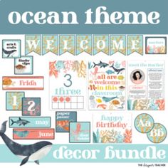 the ocean theme is featured in this printable welcome sign, banner and other items