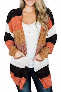 Multicolor Striped Color Block Open Front Cardigan White Color Block Cardigan For Fall, Fall Layering Outerwear With Color Matching, Fall White Color Block Cardigan, Winter White Color Block Cardigan, White Knit Cardigan With Color Block, White Knit Color Block Cardigan, Trendy Fall Cardigan With Color Matching, Multicolor Knit Cardigan For Fall, Fall Multicolor Knit Cardigan