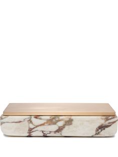 a white marble box with gold trim on the top and bottom, against a white background