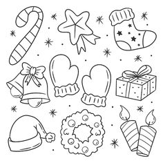 black and white christmas doodles with presents, hats, mittens, gloves