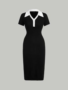 Negro Casual Collar manga corta Tela tejida Color combinado Apretado Embellished Estiramiento medio Id Shein, Shein Id, Vestidos Shein, Preppy Mode, Black And White Contrast, Stile Preppy, Corporate Dress, Cute Dress Outfits, Estilo Preppy