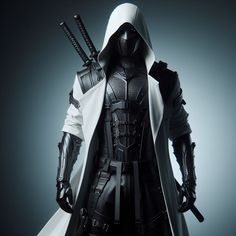 a man dressed in black and white holding two swords