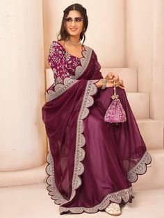 Mauve and gold-toned sareeSolid saree with embroidered borderHas sequinned detailThe saree comes with an unstitched blouse pieceThe blouse worn by the model might be for modelling purpose only. Check the image of the blouse piece to understand how the actual blouse piece looks like. Saree Sale, Organza Saree, The Model, Embroidered Silk, Blouse Piece, Red Floral, Body Measurements, Western Fashion, Quality Fabric