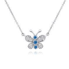 "HERE IS BEAUTIFUL BUTTERFLY PENDANT NECKLACE HANDMADE MODEL BLUE & WHITE DIAMONDS 14 KARAT WHITE GOLD AVAILABLE YELLOW OR ROSE GOLD TOO ASK ME PLEASE COMES WITH 16' or 18\" INCH CHAIN !! FULL PAVE SET & BEZEL SET 9 DIAMOND TOTAL 0.33ct !! 6 WHITE DIAMOND SI1 G COLOR DIAMONDS 3 BLUE DIAMOND SI1 CLEAN AND BRIGHT WHITE DIAMONDS VERY SWEET & NICE BLUE COLOR & CLEAN BLUE DIAMONDS 100% FINE JEWELRY TOTAL 0.33 CARAT RETAIL PRICE IS OVER $2,600.00 !! COMES WITH $1,600.00 CERTIFIED APPRA Necklace Fancy, Natural Blue Diamond, Unique Butterfly, Butterfly Pendant Necklace, Butterfly Pendant, Diamond Pendant Necklace, Blue Diamond, White Diamonds, Diamond Pendant