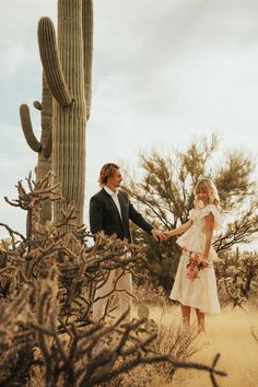 a man and woman holding hands in front of a cactus