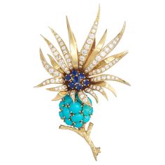 Spectacular and highly collectible 1950s brooch by Pierre Sterlé designed as flower in full bloom and featuring round blue sapphires, cabochon turquoise and round brilliant-cut diamonds, all set in 18 karat yellow gold. The brooch showcases many of the signature features of celebrated Sterlé mid-century jewelry design. It is signed Sterle Paris, numbered, with French hallmarks and makers mark. Known as the "couturier of jewelry,” Pierre Sterlé was inspired by the asymmetry of the natural world. Sterle Jewelry, Turquoise Jewellery, Gold Brooch, Turquoise Flowers, Mid Century Jewelry, Diamond Brooch, Gold Brooches, Crown Jewels, In Full Bloom