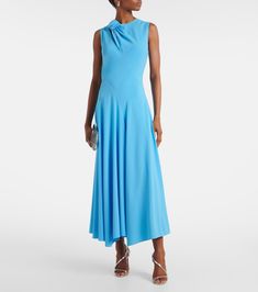 Alma crêpe midi dress in blue - Roksanda | Mytheresa Formal Pre-draped Crepe Dress, Spring Pre-draped Silk Midi Dress, Spring Pre-draped Midi Dress With Asymmetrical Hem, Spring A-line Crepe Dress, Formal Pre-draped A-line Midi Dress, Formal A-line Viscose Midi Dress, Fitted A-line Crepe Midi Dress, Crepe Maxi Length Cocktail Dress, Formal Crepe Maxi Dress