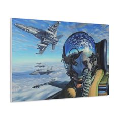 a painting of fighter jets flying in the sky with one pilot looking at another plane