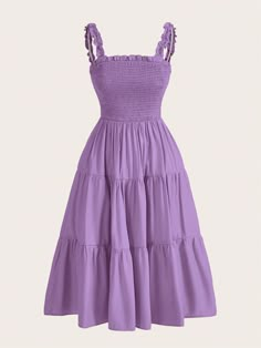 Solid Frill Trim Ruffle Hem Dress Purple Boho  Sleeveless Fabric Plain A Line Non-Stretch Spring/Summer/Fall Women Clothing, size features are:Bust: ,Length: ,Sleeve Length: Purple Summer Dress, Sundress Outfit, Light Purple Dress, Cute Formal Dresses, Shein Brasil, Purple Outfits, Classy Casual Outfits