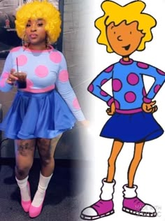 the cartoon character is dressed in blue and pink polka dot dress, with her hands on her hips