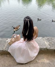 a woman in a pink dress sitting on the edge of a wall looking at ducks