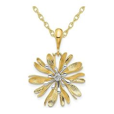 A simple and elegant necklace featuring a polished flower created crafted shimmering 14 karat yellow gold with a white gold gold center and includes an 18 inch gold chain. This charm weighs 2.38 grams and is 3/4 inch in length and 3/4 inches wide. 14K Yellow and White Gold Flower Pendant Necklace Charm with Chain Size: one size.  Gender: female.  Age Group: adult. Yellow Gold Necklace With Flower Pendant For Anniversary, Yellow Gold Sterling Silver Diamond Necklace With Flower Pendant, Gold Necklace With Polished Flower Pendant, Yellow Gold Flower Pendant Necklace With Polished Finish, Yellow Gold Necklace With Flower Pendant And Polished Finish, Gold Diamond Necklace With Flower Shape For Anniversary, Yellow Gold Flower-shaped Necklace For Anniversary, Anniversary Flower Pendant Necklace With Polished Finish, Yellow Gold Sterling Silver Flower Necklace