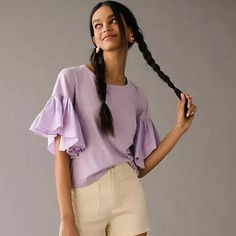 259049 Description: Round Neck Short Sleeve Ruffle On Top Ribbed On Neckline Measurements/Item Details Size - Xxs Bust - 16"Across (Laying Flat) Length - 23"Approx Color - Lavender Fabric - Cotton & Modal Please Note: This Item Is New With Tags. Chic Short Sleeve Tops For Brunch, Solid Summer Blouse With Pleated Sleeves, Feminine Fitted Top With Pleated Sleeves, Summer Puff Sleeve Top With Ruffle Hem, Spring Short Sleeve Puff Top With Pleated Sleeves, Chic Puff Sleeve Top With Crew Neck For Spring, Summer Puff Sleeve Top With Pleated Sleeves, Spring Short Sleeve Tops For Brunch, Spring Puff Sleeve Top With Pleated Sleeves