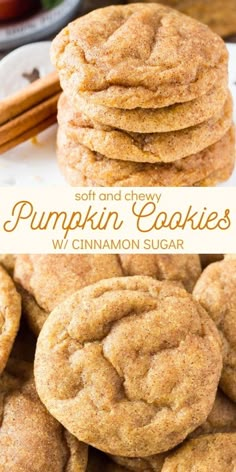 pumpkin cookies stacked on top of each other with cinnamon sticks in the background and text overlay