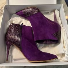 Stunning Violet Purple Leather Booties With A Mix Of Suede And Calf Skin Leather. Worn Several Times But Impeccably Stored With A Never Used Dust Bag. 3.5 Inch Heel. Please Examine Photos Closely For Signs Of Wear - And Ask Any Questions Prior To Purchasing To Ensure You Are Happy With The Condition, Any Wear, Etc. I Am More Than Happy To Answer Questions And Take Videos To Make Sure You Are Fully Satisfied With The Item. The Box Says A European Size 38. Please Look Closely At The Box And Make Y Chic Purple Leather Heels, Luxury Suede Ankle Boot Heels, Designer Purple Leather Heels, Purple Pointed Toe Boots For Formal Occasions, Formal Purple Boots With Pointed Toe, Formal Purple Boots, Cutout Ankle Boots, Classic Punk, Chloe Boots