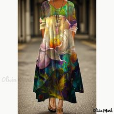 Olivia Mark - Loose-fit Long Sleeve Dress with Printed Pattern 3d Printed Dress, Light Dress, Maxi Robes, Maxi Dress Green, Print Dresses, Maxi Dresses Casual, Vestido Casual, Long Sleeve Maxi, Samoa