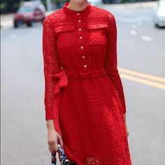 Red Long Sleeve Lace Dress With Button Down Bodice, Side Zip And Ribbon Tie Waist. Brand New And Never Worn. Elegant Red Button-up Dress, Red Party Dress With Button Closure, Red Button-up Mini Dress, Chic Red Button-up Midi Dress, Elegant Red Dress With Button Closure, Elegant Red Mini Dress With Buttons, Red Button-up Mini Dress For Spring, Red Button-up Formal Dress, Red Buttoned Midi Dress For Party