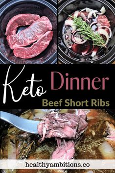 beef short ribs in the slow cooker with text overlay that reads kete dinner beef short ribs