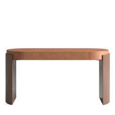 a wooden table with two metal legs and a brown finish on the top, against a white background