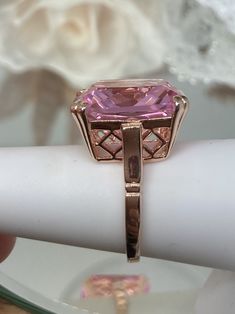 Pink Topaz Ring, Large square gem in Rose Gold plated crisscross basket-weave filigree, art deco styled ring, Art Deco Jewelry, Silver Embrace Jewelry Gold Vintage Jewelry, Pink Topaz Ring, Basket Pattern, Pink Topaz, Sterling Silver Filigree, Light Pink Color, Gold Filigree, Square Cut, Silver Filigree