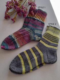 Made in care and quality in mind by me. Hand-knitted colorful pattern socks for cold days! Made with sock yarn- they are soft and durable! Made of: 75% wool 25% polyimide   STYLE 1 - size S STYLE 2 - size S Let me know if you are interested in other sizes!  *The price is set for 1 pair.* CARE INSTRUCTIONS: -Hand wash in 30o -Don't use too much detergent -Don't let the garment soak -Don't use fabric softener -Gentle agitation only. Rinse water with special care as the fabric can stretch out of shape. Never wrist but press excess water from the garment. -Dry flat ------------------ QUESTIONS? If you have any questions about this item, just use the Message Seller button below, and I will be happy to help! Please do not hesitate to contact me if you would like some more information or other ya Comfortable Knitted Patterns For Winter, Casual Knitted Socks For Gifts, Comfortable Multicolor Socks As Gift, Handmade Multicolor Casual Socks, Comfortable Multicolor Socks For Gifts, Casual Handmade Multicolor Socks, Casual Multicolor Knitted Socks, Casual Multicolor Handmade Socks, Warm Multicolor Socks For Winter